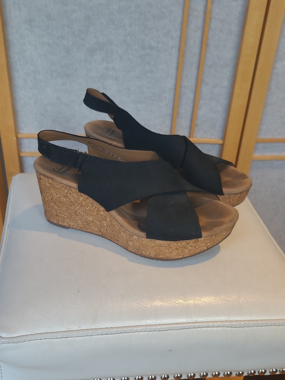 Clarks Black Cork Wedge Slingback Sandals